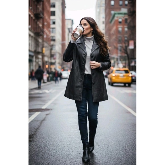 Vintage Jackets & Blazers - Vintage Tribeca Studios Black 100% Leather Blazer Jacket, size Large, Button Up